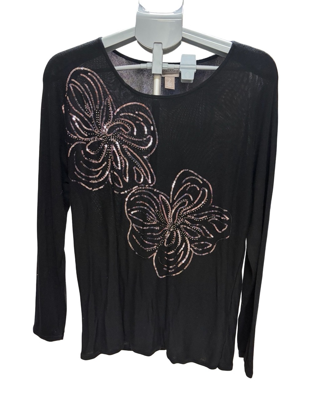 Chico's Size 2 Black Long-Sleeve Top with Rose-Accent Sequin Floral Motifs